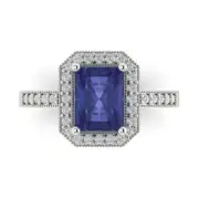 2.9Ct Emerald Cut Tanzanite Solid Gold Halo Engagement Promise Statement Ring