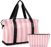 [Amooorous] Pink Vertical Stripes Travel Hand Bag Overnight Bag with Adjustable Strap for Business Trips Large Capacity, Pink vertical stripes, 1 size