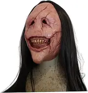 Scary Halloween Mask Creepy Grin Smiling Red Scar Face Demon Mask with Black Long Hair Latex Realistic Evil Scream Mask for Cosplay Halloween Costumes, Demon Mask, Scary Mask