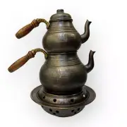 Teapot Set Hammered Copper, Turkish Double Tea Kettle Ottoman Style And Plate