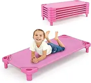HONEY JOY 6 PCS Kids Stackable Daycare Cot, 130cm x 57cm Portable Toddler Nap Mat With Easy Lift Corners, Space Saving, Heavy Duty Standard Sleeping Cot for Preschool, Pink
