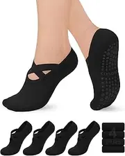 [yeuG] 4 Pairs Pilates Socks for Women Non Slip Grip Socks Yoga Socks with Straps Grippy Socks Woman for Barre, Hospital, Barefoot, E04-cross Straps-black*4