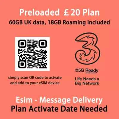 UK Europe 30days Prepaid eSIM with 60GB Unlimited call and text no shipping