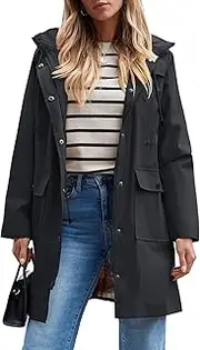[SaphiRose] Women's Waterproof Rain Jacket Lightweight Raincoat Hooded Windbreaker Trench Coat (Black,Large)