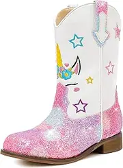 [Motasha] Unicorn Girls Cowgirl Boots Mid Calf Square Toe Glitter Toddler Western Cowboy Boot Little Kid Big Kid Riding Shoes Princess Dress Up Party Birthday Dance