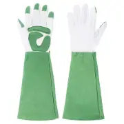 L Long Gardening Gloves Cowhide Leather Pruning Garden Gloves White/Green