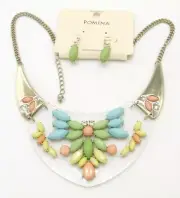 NWT 19" POMINA Gold-T Floating Pastel Resin & Crystal Cluster Choker & Earrings