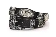 Western Curve Belt Cowboy Silver Concho Rooster Gallo Black Floral Pants Size 30