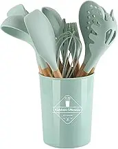 12 PCS Silicone Utensil Set, Wooden Handle Nontoxic BPA Free Silicone Spoon Spatula Turner Tongs Kitchen Gadgets Utensil Set for Nonstick Cookware with Holder (Light Green)