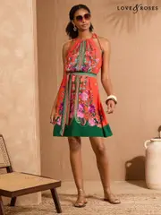 V&A I Love & Roses Orange Floral Petite Woodblock Halterneck Belted Mini Dress (AW0383) | $102