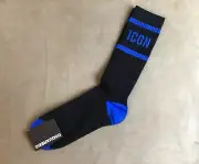 DSQUARED² KNITTED BLACK BLUE D2 ICON LOGO COTTON BLEND MID CREW SOCKS 9-10 42-43