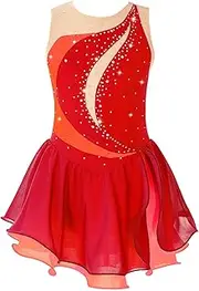 [Linjinx] Kids Girls Sparkly Rhinestone Color Block Figure Ice Skating Dress Sleeveless Ballet Dance Performance Costume