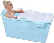 Folding Bathtub,Freestanding Household Portable Bathing Barrel Plastic SPA Bathing Pool,Bathtub Bath Bucket for Adult with Cover Bathroom Accessories (Blue)