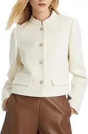 [GOELIA] Tweed Blazer Jackets for Women Stand Collar Single-Breasted Off White Jacket Women