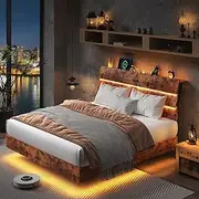 Feonase Floating Bed Frame Full with Led Lights and Charging Station, Wood Full Size Bed Frame with Storage Headboard, Heavy Duty Metal Slats, No Box Spring Needed, Easy Assembly, Vintage Brown