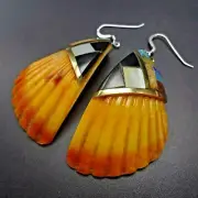 Kewa Artisan WARREN NIETO Inlaid Gemstone Spiny Oyster Shell EARRINGS Pierced