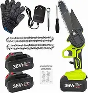 6" Mini Chainsaw Cordless Electric Pruning Shears One-Handed Portable Chain Saw With 2 Battery 3 Chains Gloves Safety Lock Brushless Motor for Branch Wood Cutting Garden Tree Logging Trimming Green