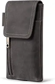 Genuine Leather Cell Phone Holster Case with Belt Clip Leather Phone Belt for iPhone 16 iPhone 15 Pro Max 14 Pro Max Cell Phone Holster Belt Loop Pouch with Pen Holder (Grey)