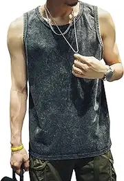 [VgueElegc] Men's Vintage Acid Wash Sleeveless Tops Male Wash Running Beach Tank Tees Casual Acid Tank Tops for Men