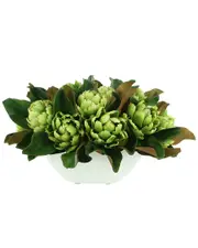 Creative Displays Magnolias And Artichokes Arranged In A Fiberstone Pot