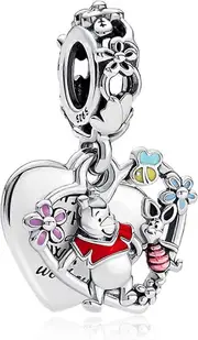 Sterling Silver 925 Women's Charm Compatible with Square and European Style Bracelets, Valentine's Day Mother's Day Gift for Women Bear Piglet Double