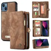 CaseMe For Apple iPhone 13 Mini Zipper & Detachable Retro Leather Pouch Wallet Flip Purse Bag Detachable Phone Case Cover (Brown)