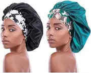 [Bubuxy] Satin Sleep Bonnet for Women, 2-Pack, Silk Hair Wrap Caps, Silk Sleep Bonnet with Wide Elastic Band Black