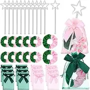 36 Pcs Witch Party Favors Including 12 Pink and Green Velvet Scrunchies and 12 Mini Star Wands with 12 Organza Gift Bags with Bows Wizard Witch Theme Party Accessories