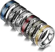 [CASDAN] 6Pcs 8mm Stainless Steel Rings for Men Celtic Dragon Beveled Edges Celtic Black Rings Carbide Wedding Band Ring Set, Size 7-12
