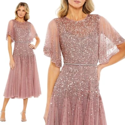 Mac Duggal Size 20 Cap Sleeve Beaded Sequin Tea Length Rose Pink 93655 Dress