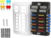 Upgraded 12 Way Fuse Block Box with Thumbscrew and LED Indicator, 12 Circuit Blade Fuse Box Holder W/Negative Bus Damp-Proof Cover Label Sticker for 12V/24V Auto Car RV Marine Boat and Yacht
