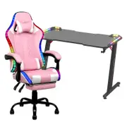 Advwin Gaming Office Desk 120cm LED Light & Gaming Chair with Footrest LED Light Pink