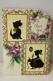 VTG Sunshine Embossed Get Well Card UNUSED Kitty Cat & Girl Silhouettes Flowers
