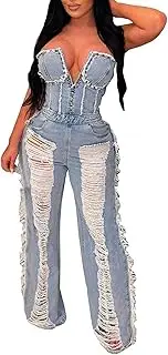 [Generic] Pants for Women Elegant Jeans for Women Casual Denim Rompers Denim Overalls Ripped Washed Jumpsuits Jeans for Women Jeans for Women High Waist Womens Fall Jumpsuits with Sleeves