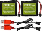 2PCS 7.4V 1000mAh 2S Li-ion Battery with SM-4P Plug and USB Charging Cable Suitable for DE36W DE65 NO.1809 RC Toy Car Model Off-Road Vehicle Climbing Drift Racing Battery