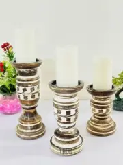 Set of 3 Handmade Wood Rustic White Pillar Candle Holder Farmhouse Home Decor