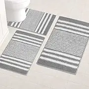 Gray Bathroom Rugs Set 3 Pieces, Striped Ultra Soft Non Slip Absorbent Chenille Toilet Bath Mat Set, Absorbent Plush Shaggy Bath Rugs for Bathroom