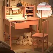 Ergonomic Height Adjustable Childrens Study Desk with 2 Drawers, Kids Study Kids Art Table with Storage,Desk with 3-Color Lights, Pink Kids Desk and Chair Set for 5-18 Year Old-DD5