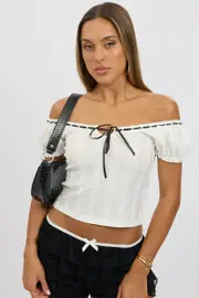 White Puff Sleeve Top Short Sleeve - Size 6XXS, Women's Top