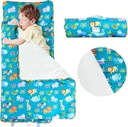 Quyaxol Toddler Animal Themed nap mat for Daycare, Travel Sleeping Bag, Ages 2-7, with Removable Pillow, Easy to roll up, Easy to Carry, Lightweight, Soft and Comfortable for Boys and Girls