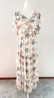 Spell and the Gypsy Solstice Ruffle Gown Floral Cream and White Maxi Dress SZ S