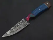 8" CUSTOM HAND MADE DAMASCUS STEEL SKINNER KNIFE WOOD HANDLE W/SHEATH M638