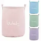 Folding Round Laundry Hamper 46 Ltr European Pattern 'Wash Me' Of Cotton, Pink