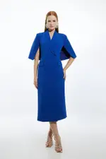 Clean Tailored Tuxedo Cape Sleeve Midi Blazer Dress