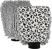 Washing Mitts Car Wash Microfiber Chenille Absorbent Mitts Car Cleaning Tools Scrub Pad Scratch Free Soft Black Spots White Leopard Print, Large x 2 Pack