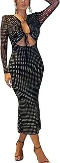[Generic] Women's Sparkly Rhinestone Cutout Mesh Long Sleeve Bodycon Maxi Dress Sexy Glitter Lace Up Party Dresses