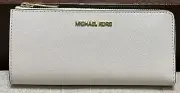 NWT Michael Kors lt cream White leather jet set large zip wallet womens $298