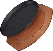 FUNNETOYU 1set Iron Steak Plate Cast Iron Griddle Pan with Wooden Base for Household Cooking Easy to Clean for Steak Bacon BBQ Grilling