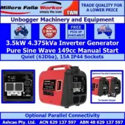 Millers Falls Camping Inverter Generator 3.5kW 4.375kVA 149cc Pure Sine Wave