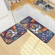 XYMZR Kitchen Mat Cat Head Abstract for Floor, 2 Piece, Non Slip Washable Kitchen Rugs for Kitchen & Home Decor, Sink, Bathroom 19.7” x 27.6” + 19.7” + 47.2”